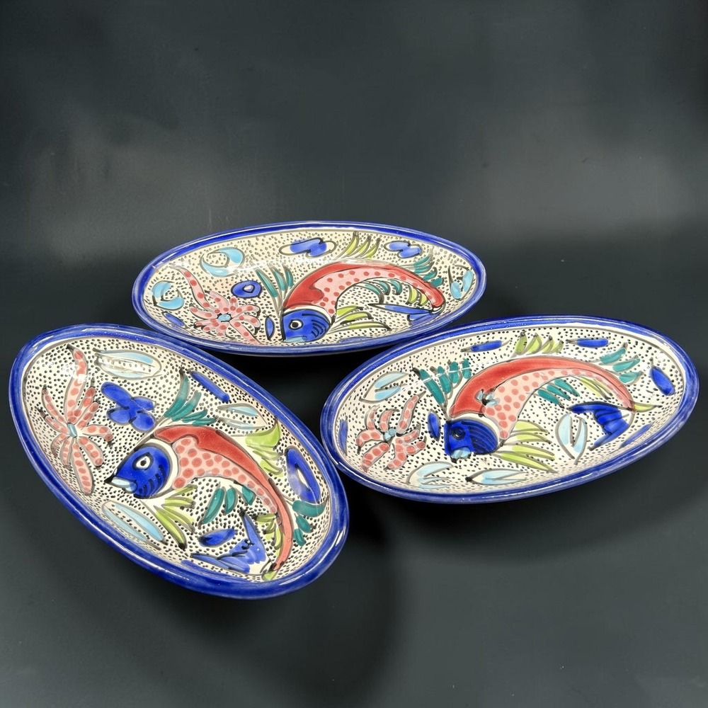 Le Souk Tunisia Azure Fish Hand Painted Oval Serving Bowls Set of 3 9in
